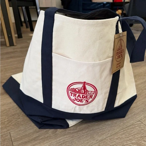 Trader Joe's Natural Canvas Tote with Navy Trim - Picture 2 of 4